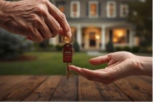 A senior homeowner transfers a house key to a loved one, symbolizing a Michigan Lady Bird Deed used to pass real estate outside probate, protect property rights, and simplify estate planning for families in Michigan.