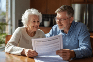 Senior woman and son reviewing a Michigan Patient Advocate Designation document at a sunny kitchen table.